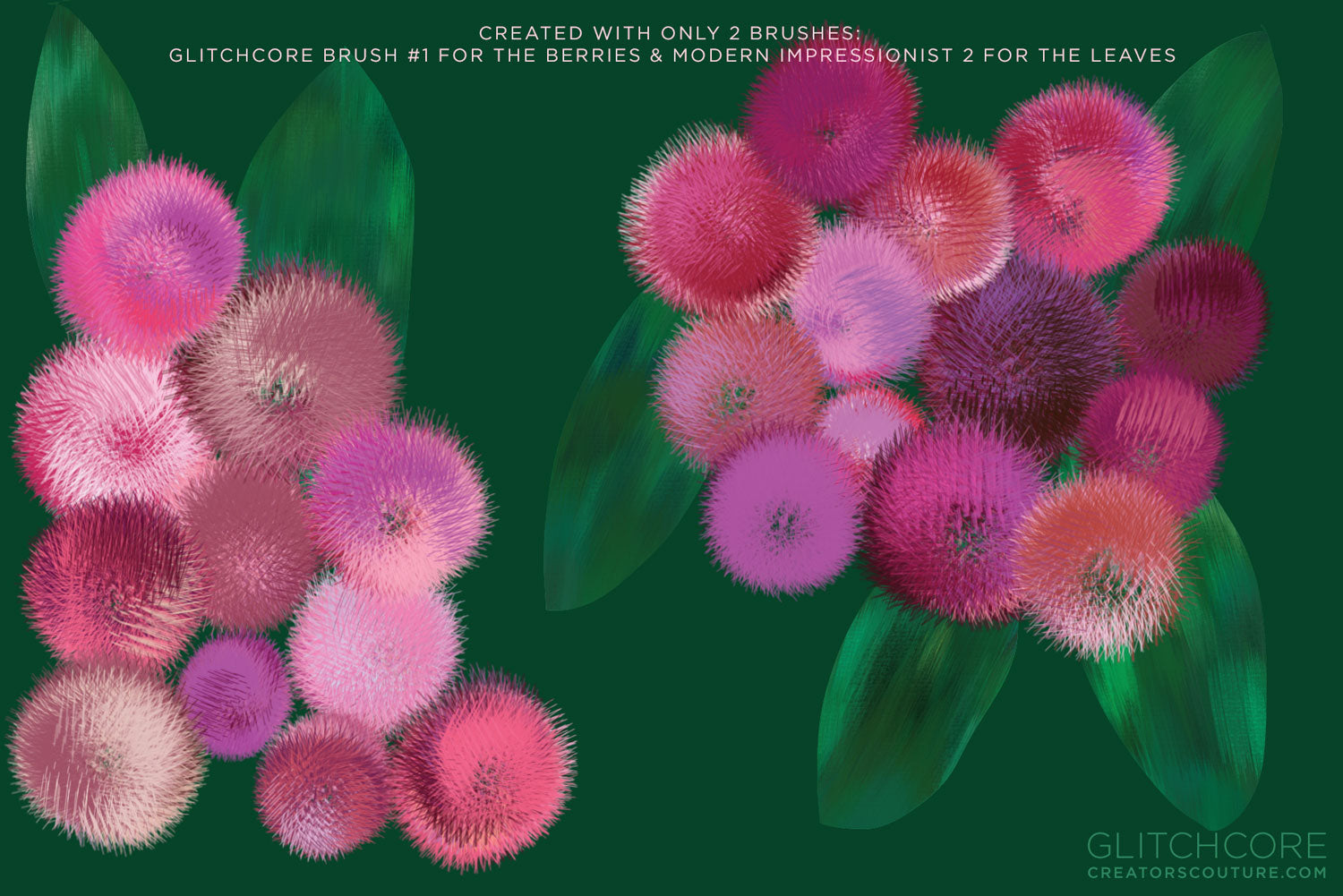 Abstract illustration of berries created with glitch effect, Photoshop brushes, pink, and purple berries on a dark green background. The Photoshop brushstroke creates a furry effect on the berries