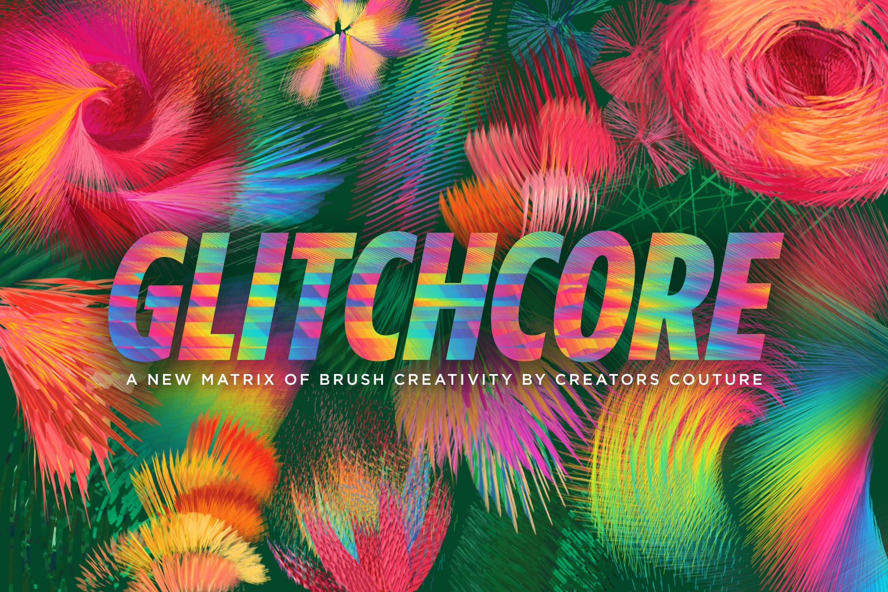 Cover image for collection of Photoshop brushes that are multicolor with a glitch effect or multicolor line effect, matrix effect, techno effect 