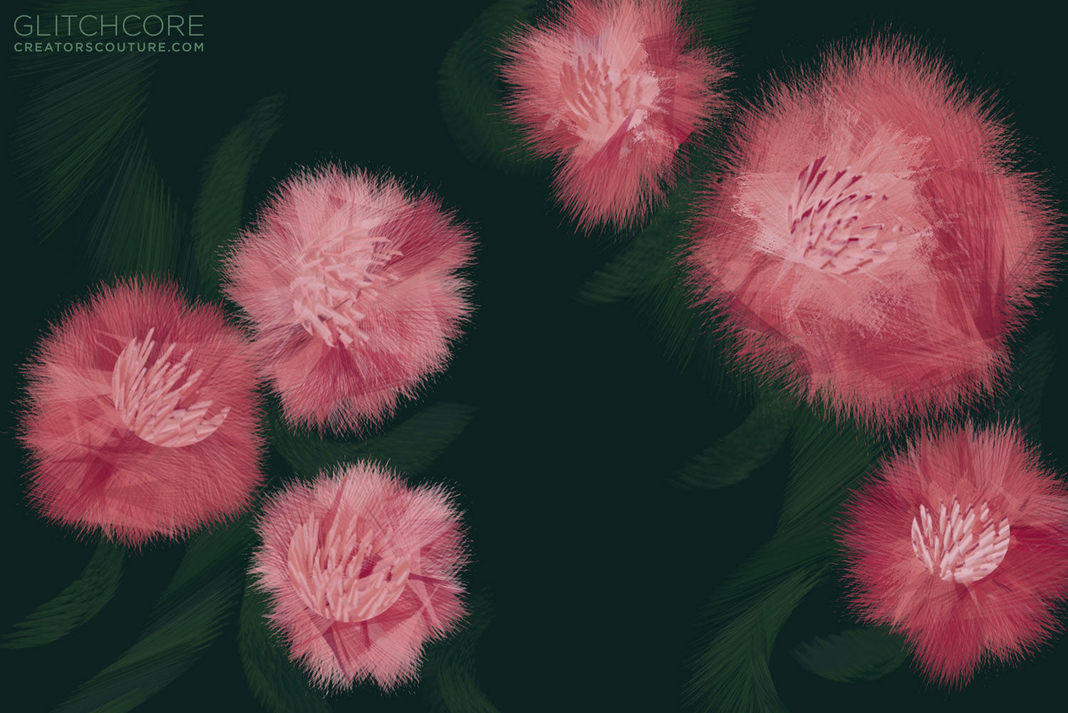 Abstract flower illustration created with glitch and tech effect multicolor Photoshop brushes, pink flowers on a dark green background 