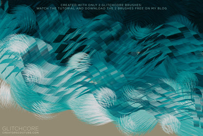 Abstract illustration of waves on a beach created with multicolor Photoshop brushes, creating a glitch, matrix effect, grated blue color, palette. Multicolor brushstrokes create a ribbon effect to create the waves. 