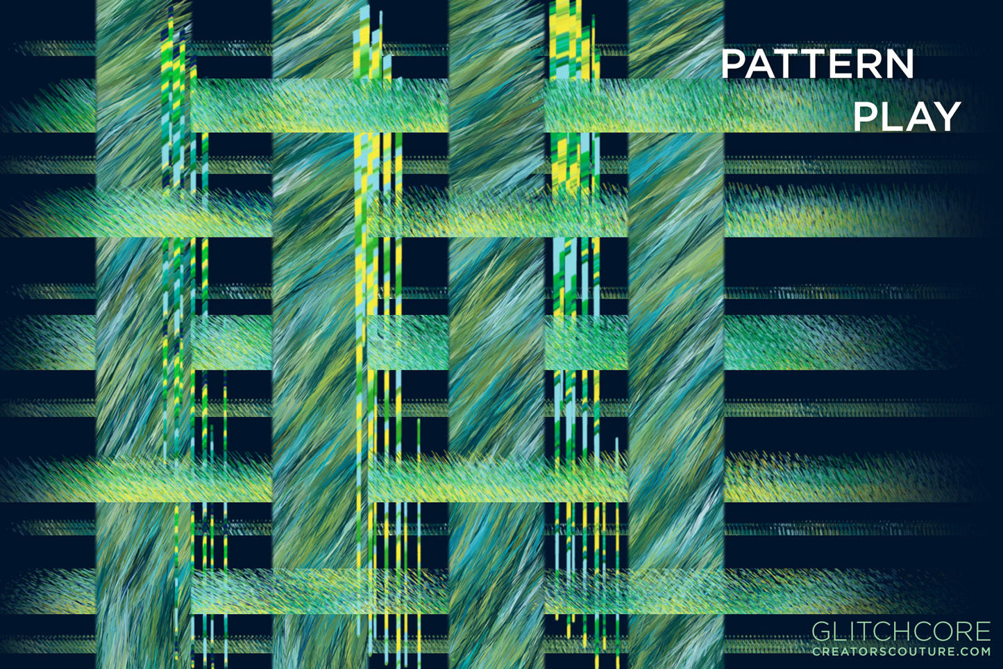 Plaid inspired pattern design created using multicolor, glitchy effect, Photoshop brushes, blue, green, and yellow color palette 