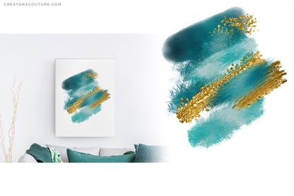 sample of turquoise abstract art created using feather inspired photoshop brushes - mockup of artwork on wall