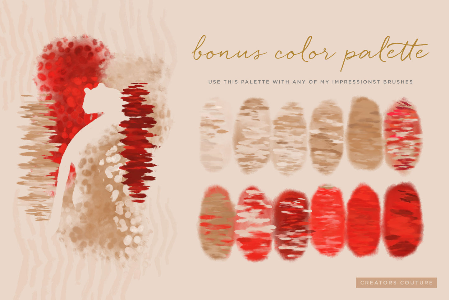 Exotic Leopard & Animal Print Color-Blending & Stamp Photoshop Brushes, bonus color palette, natural tans and red accent