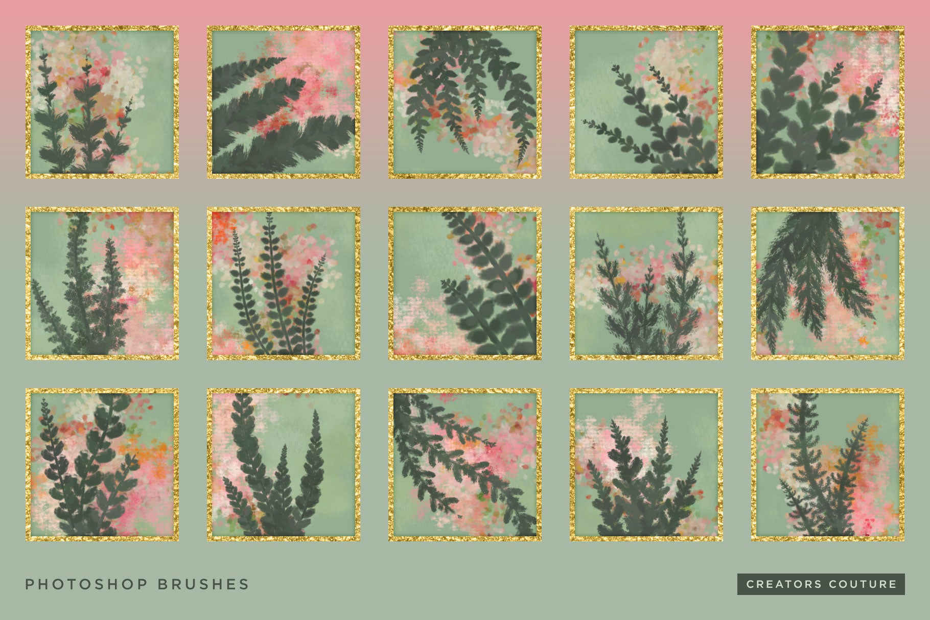 Hand-drawn Tropical Vine & Leaf Photoshop Pattern Brushes, brush previews 1
