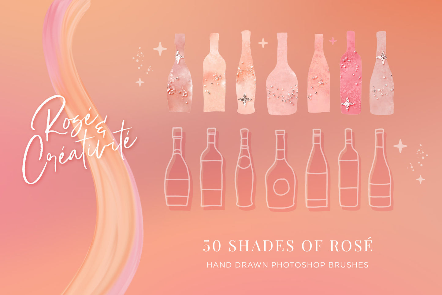 Rosé wine themed Color Palette & Color-Blending Brush Collection, wine bottle brush illustrations