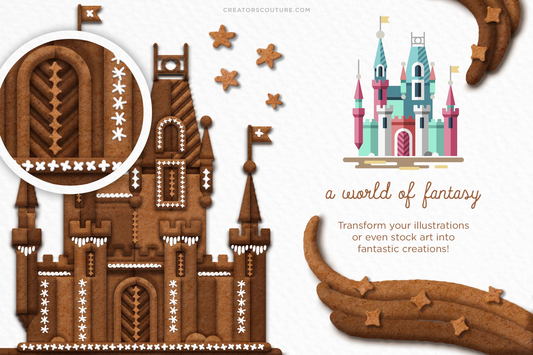 Gingerbread, Cookie, & Cake Graphic & Lettering Effects for Photoshop, cinderella castle in a cake style