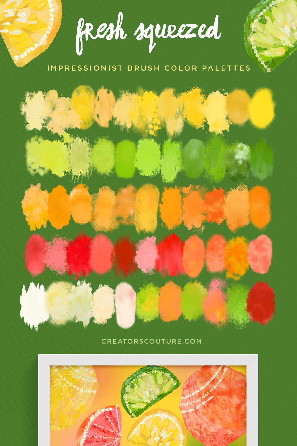 Citrus Illustration & Pattern Photoshop Brush & Color Palette Studio, lemon, lime, grapefruit, orange color palette preview