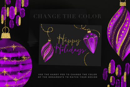 Watercolor Cheer Christmas Ornaments | Luxe Gold Accents, holiday card sample