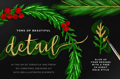 Shimmery Christmas Greenery & Luxe Wreath Illustrations, gold details