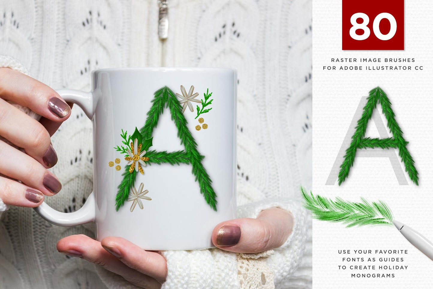 Christmas & Winter Greenery Illustrated Brushes for Adobe Illustrator monogram sample