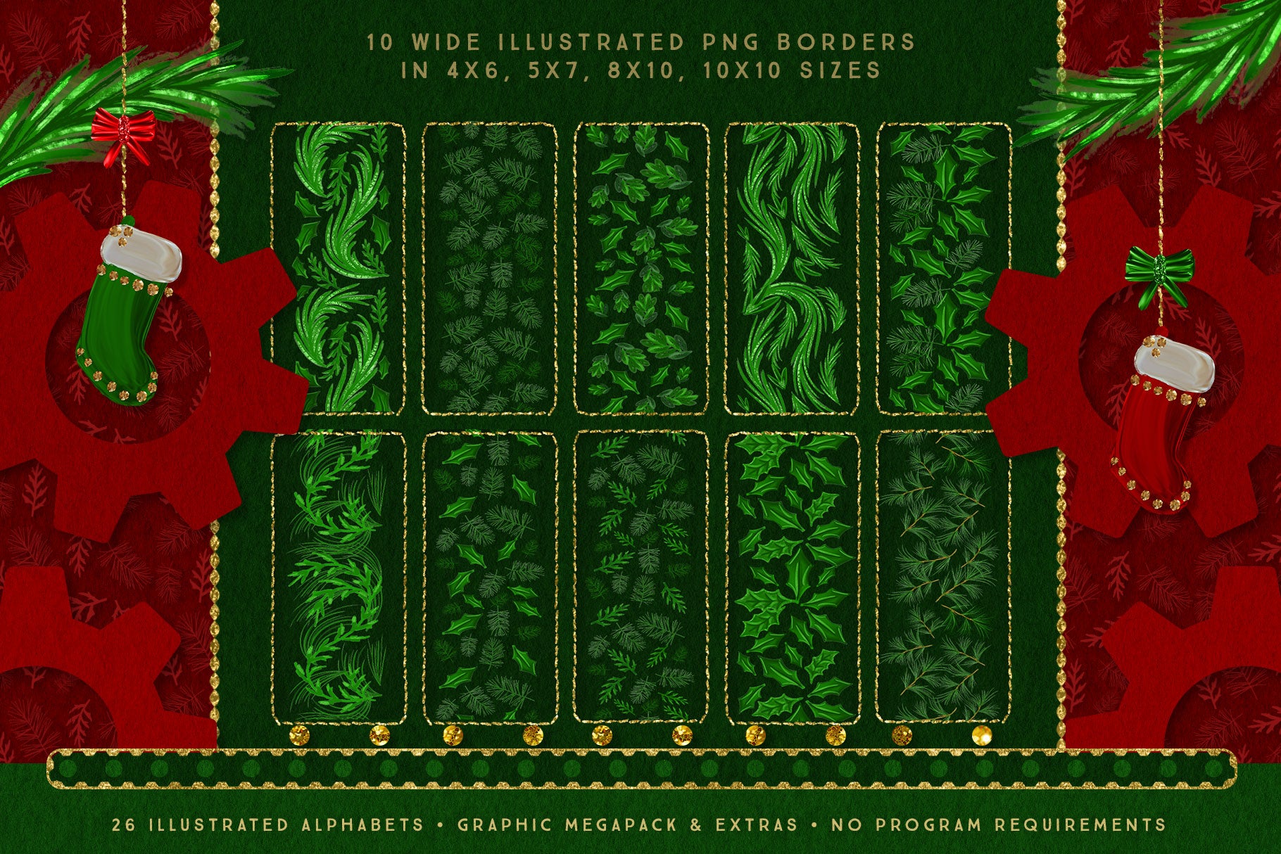 Luxe Christmas & Holiday Greenery Alphabets: PNG graphic greenery borders