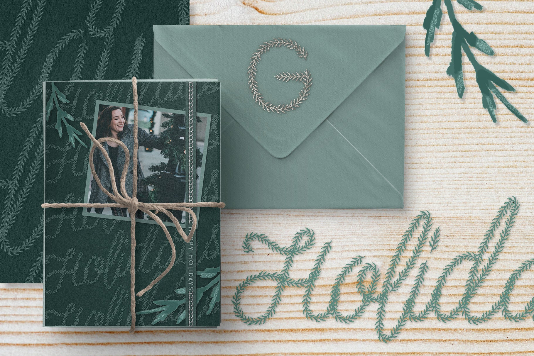 Luxe Christmas & Holiday Greenery Alphabets: holiday card designs with silver accents