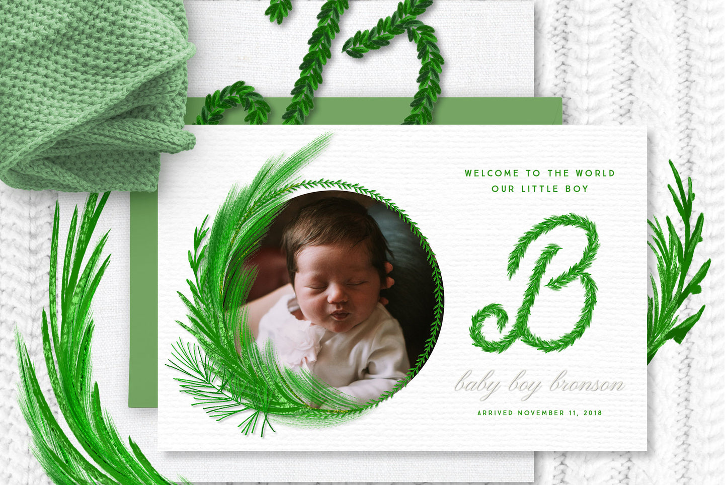 Luxe Christmas & Holiday Greenery Alphabets: baby announcement