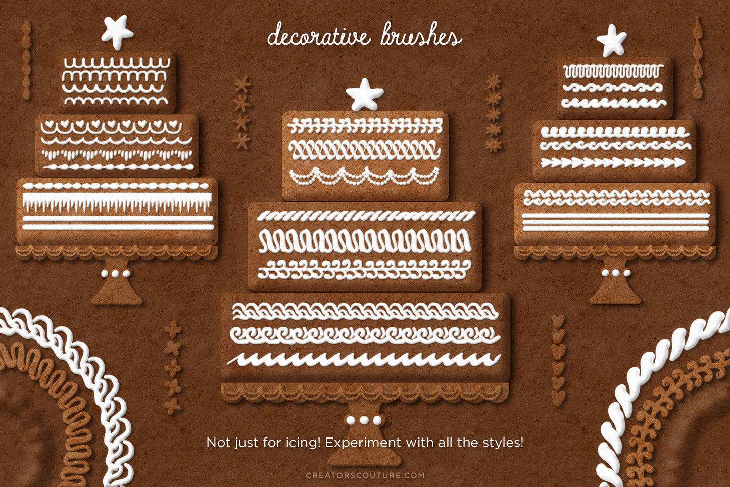 Gingerbread, Cookie, & Cake Graphic & Lettering Effects for Photoshop, icing decorative brushes