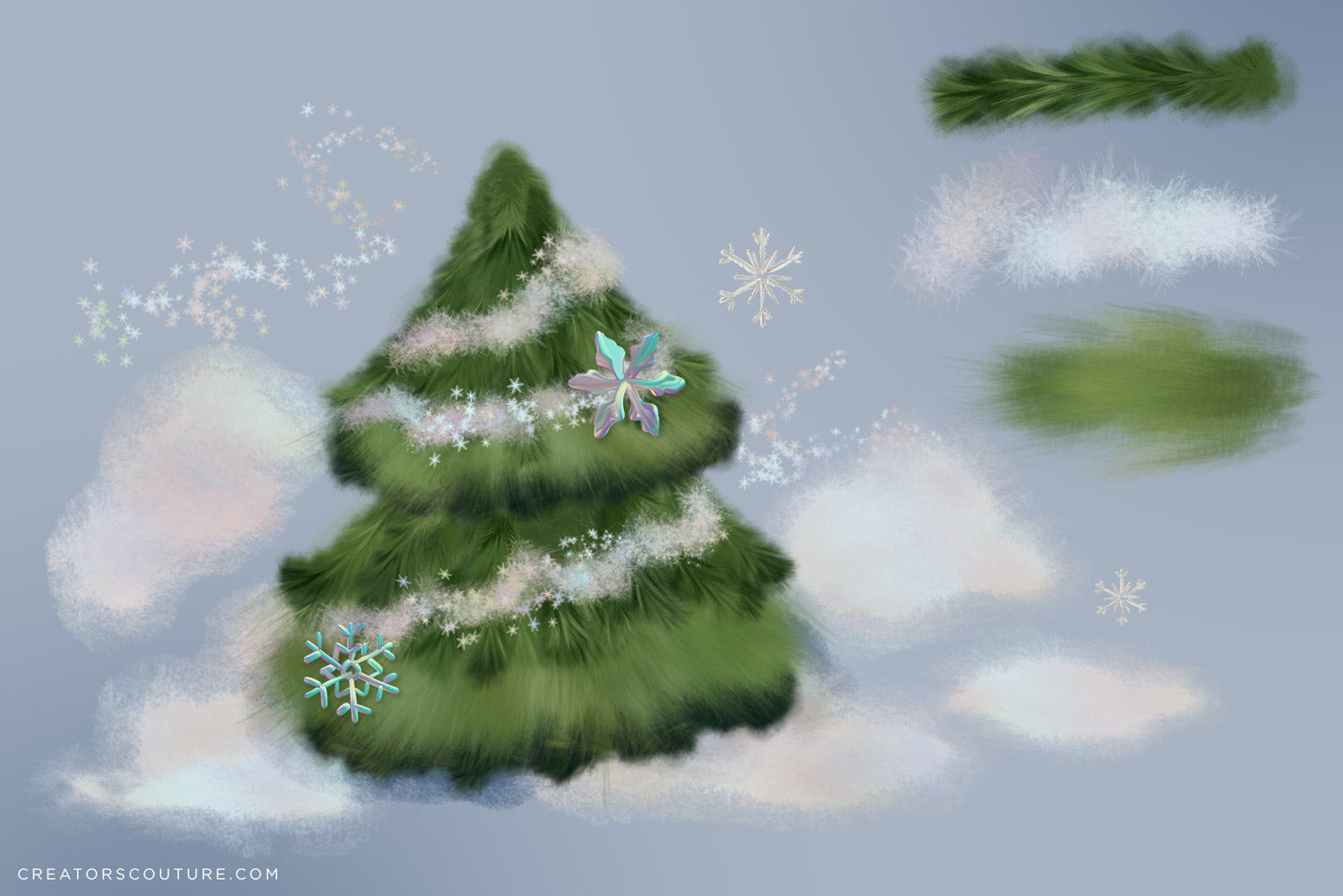 illustration of christmas tree on pale blue background, created using artistic feather photoshop brushes