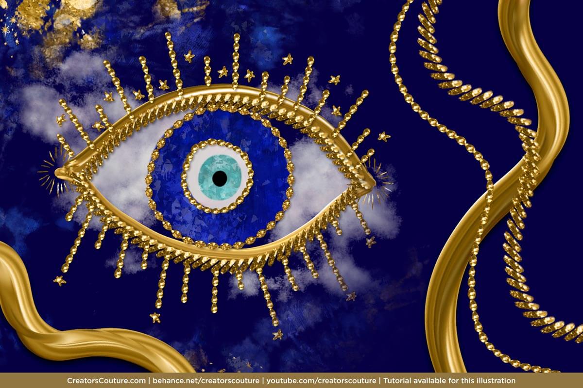 evil eye artistic illustration with 3d gold accents and embellishments