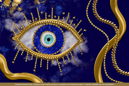 evil eye artistic illustration with 3d gold accents and embellishments on dark blue background with large gold chains and strokes created by Photoshop brushes