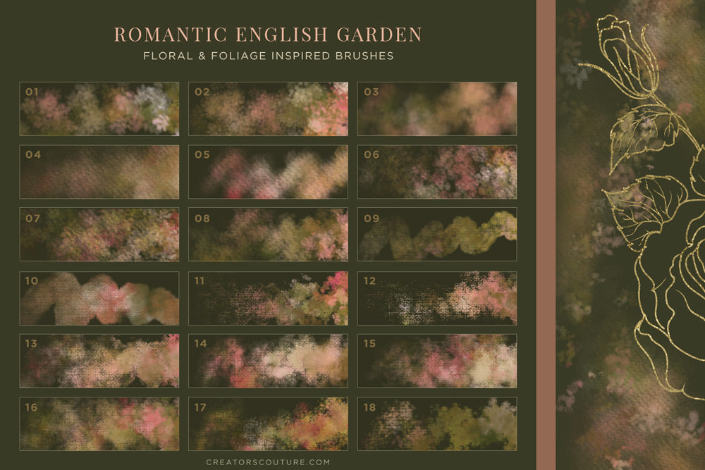 floral and foliage photoshop brushes for wedding and feminine designs brush chart 1