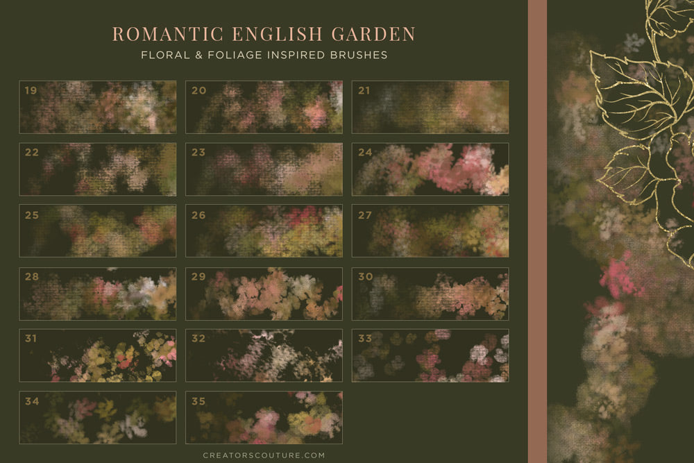 floral and foliage photoshop brushes for wedding and feminine designs brush chart 2