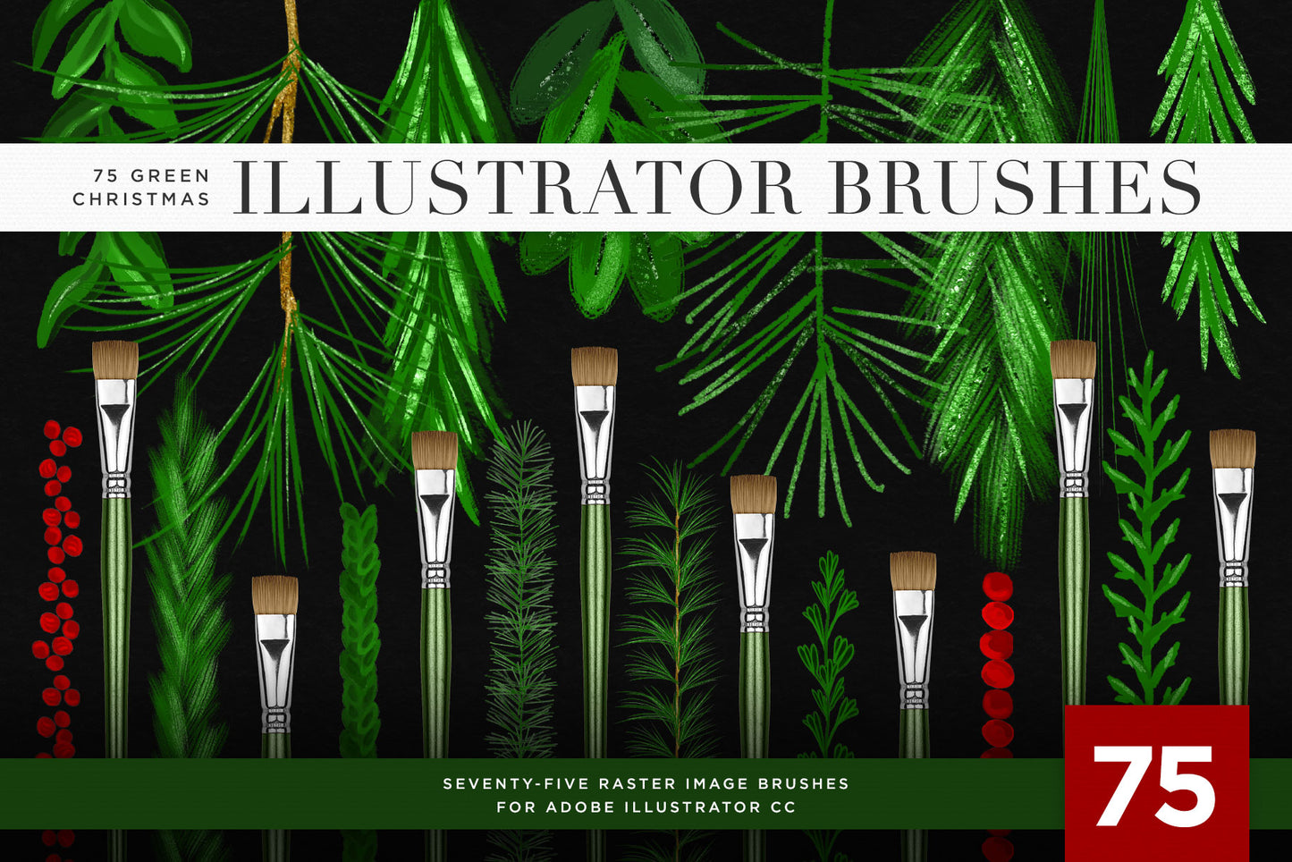 Christmas & Winter Greenery Illustrated Brushes for Adobe Illustrator dark background preview