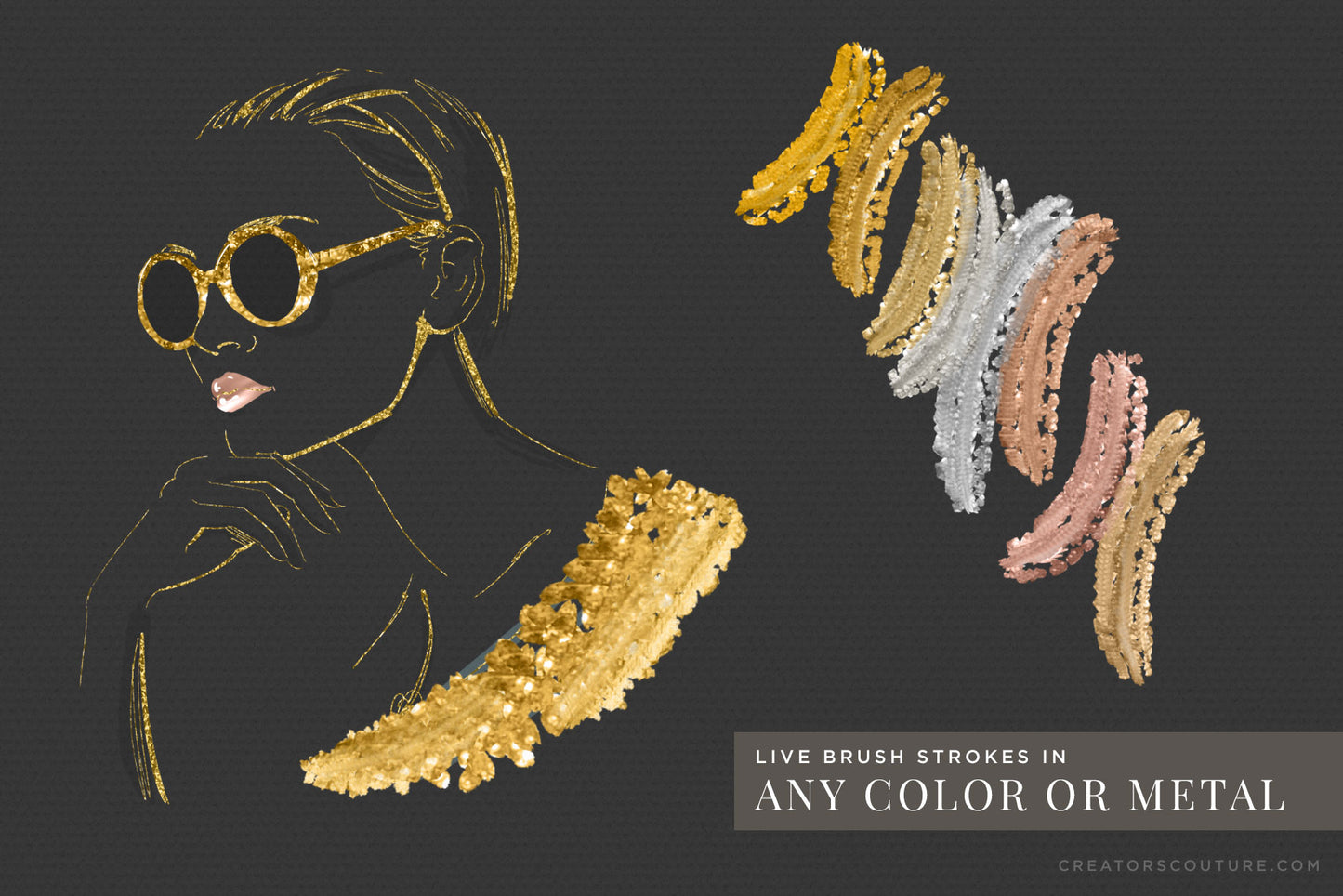 24k liquid, metallic gold photoshop brush previews - rose gold, copper, and silver demos