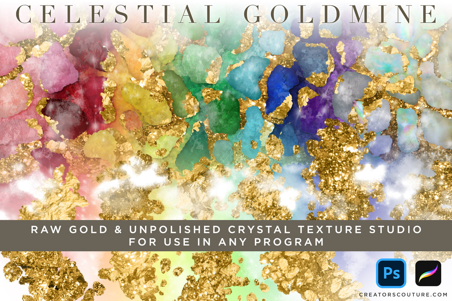 gold and crystal textures for photoshop and procreate, rainbow stone and sparkling gold cover image