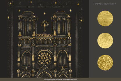 illustration of Notre Dame cathedral with textured brush strokes and smooth metallic gold paint and foil textures accenting