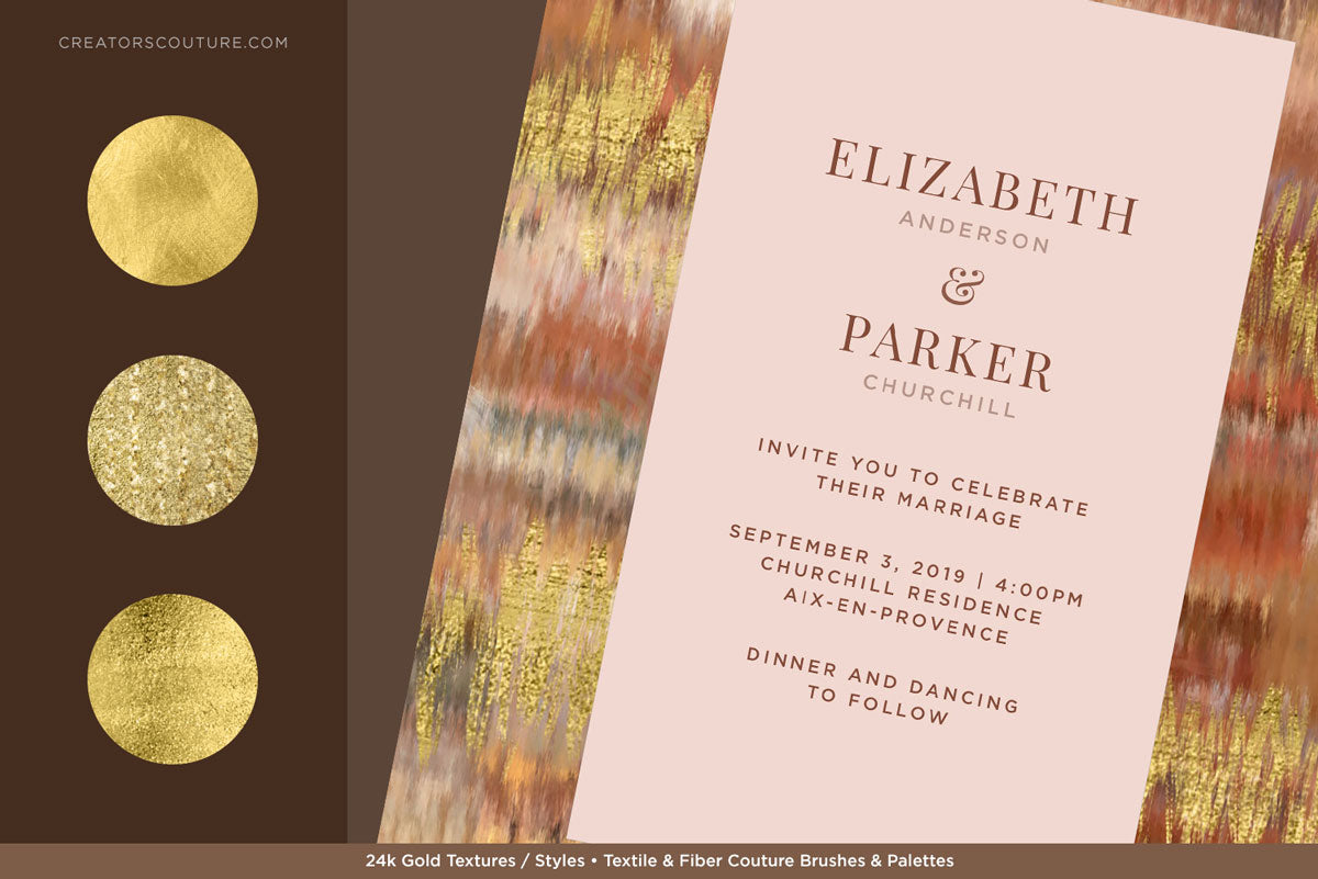 Smooth Gold Foil & Liquid Gold Textures accenting an invitation design with earthy colors