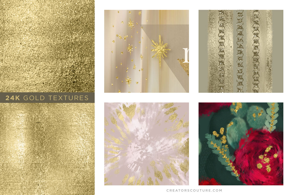 sample illustrations and applications, Smooth Gold Foil & Liquid Gold Textures for graphic design, digital art, & illustration,  close up of metallic gold painted digital textures