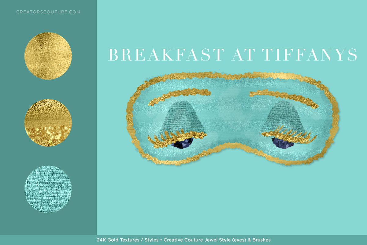 breakfast at tiffanys inspired illustration with gold texture accents