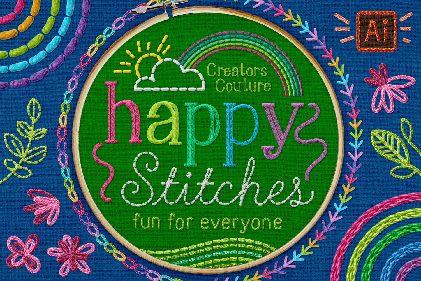 Illustrator Thread Brushes for a Hand-Embroidered Illustration Effect, bright cover image, embroidery effect for adobe illustrator