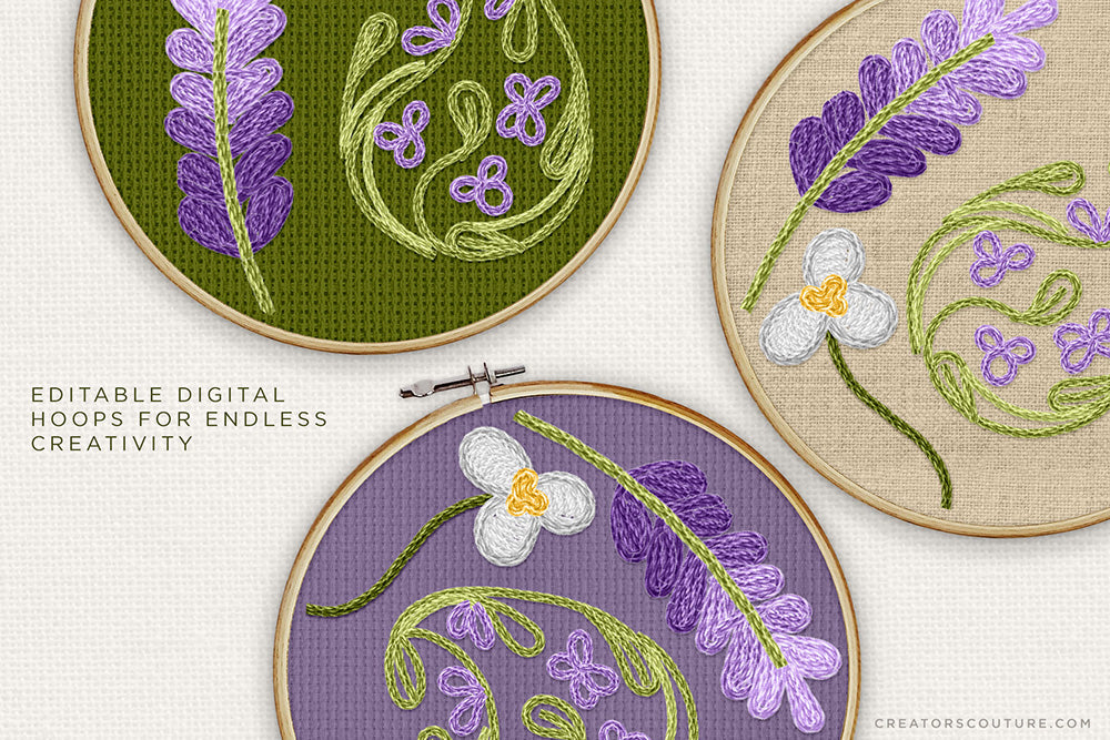 Embroidery sample. Floral design embroidered with silver and gold