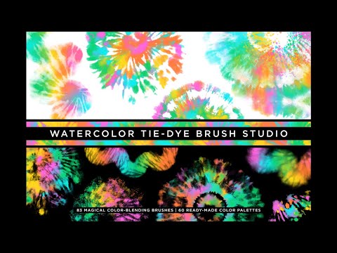 Tutorial cover preview on how to load and use multicolor watercolor tie-dye brushes for Photoshop 