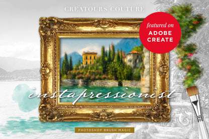 impressionist painting effect photoshop brush studio cover image, photo of Lake Como being painted over with Impressionist painting effect Photoshop brushes