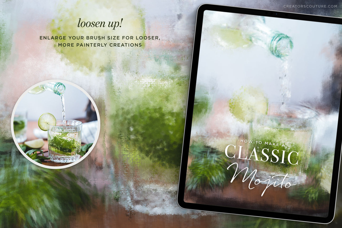 impressionist painting effect photoshop brushes, from photo to painting effect, painterly demo with mojito image