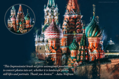 impressionist painting effect photoshop brushes, from photo to painting effect, St. Basil's cathedral before and after impressionist effect