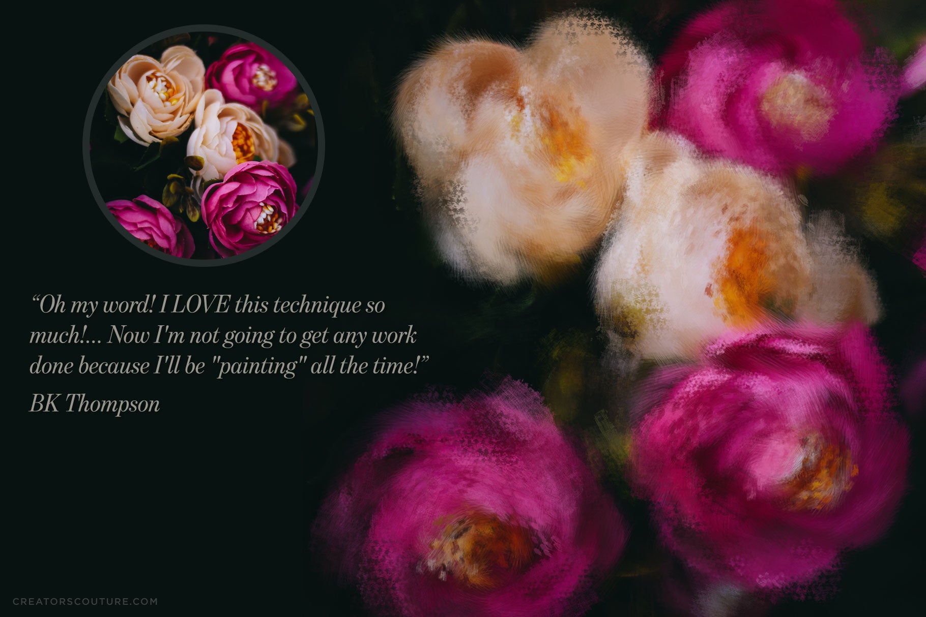 impressionist painting effect photoshop brush studio, before and after flowers and testimonial