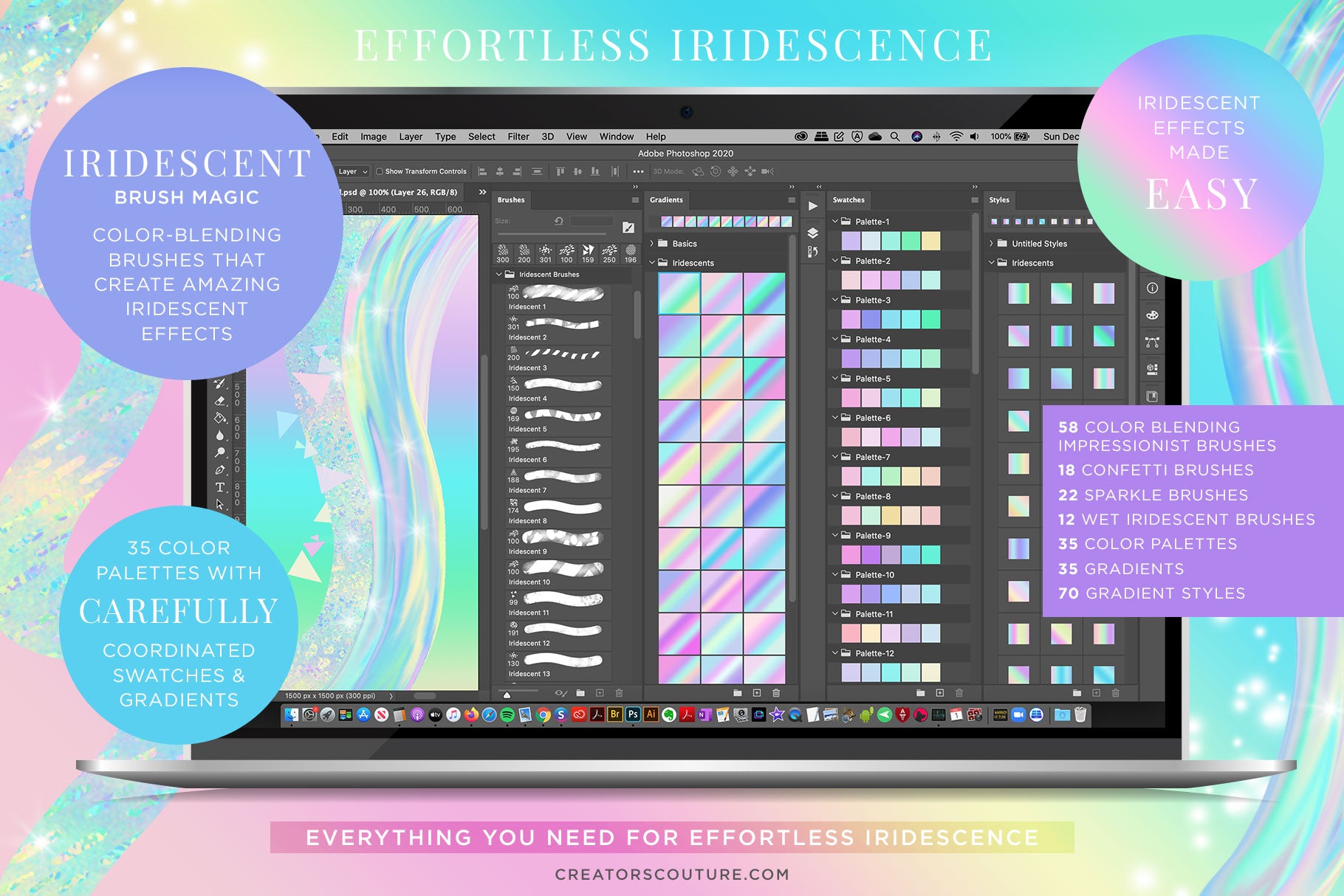 photoshop interface showing iridescent and holographic resources for photoshop - iridescent brushes, color palettes, gradients, layer styles