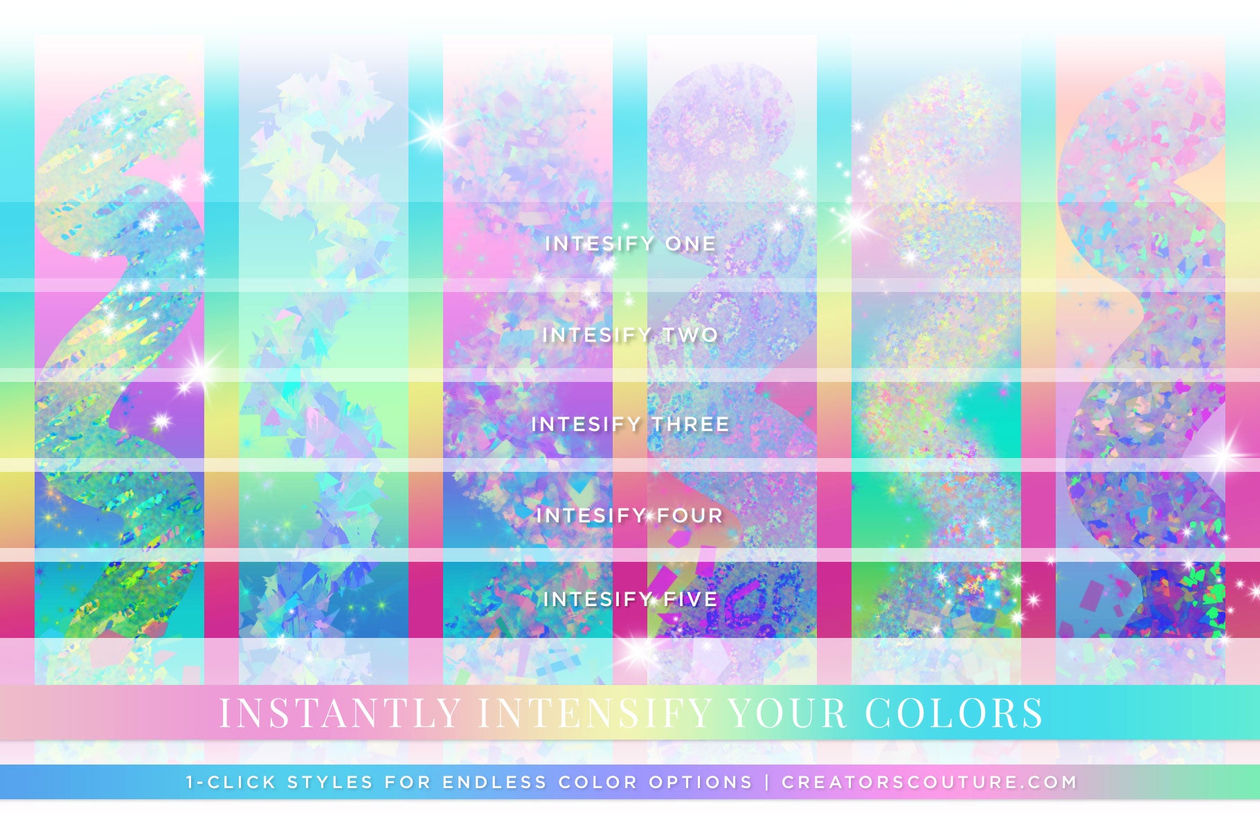 Iridescent & Holographic Photoshop Brushes, Color Palettes, & Effects intensity preview