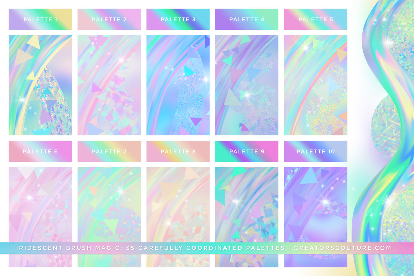photoshop brushes for instant iridescent and holographic effects and brush strokes, iridescent palette preview chart 1