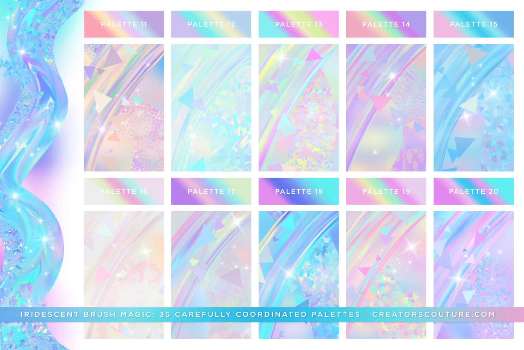 photoshop brushes for instant iridescent and holographic effects and brush strokes, iridescent palette preview chart 2