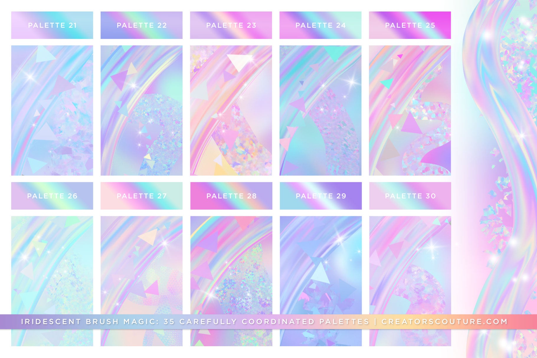 photoshop brushes for instant iridescent and holographic effects and brush strokes, iridescent palette preview chart 3
