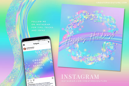 preview of social media graphics created with iridescent and holographic multicolor photoshop brushes