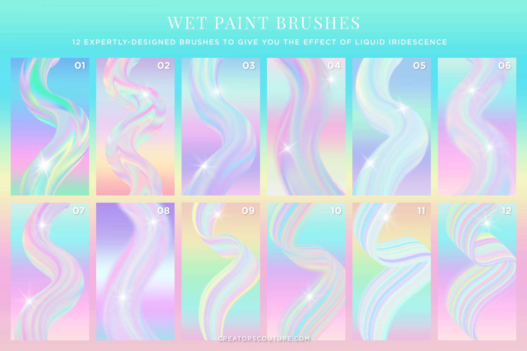 iridescent and holographic wet paint mixer brush strokes in photoshop, sample brush strokes showing various types of wet iridescent brush effects