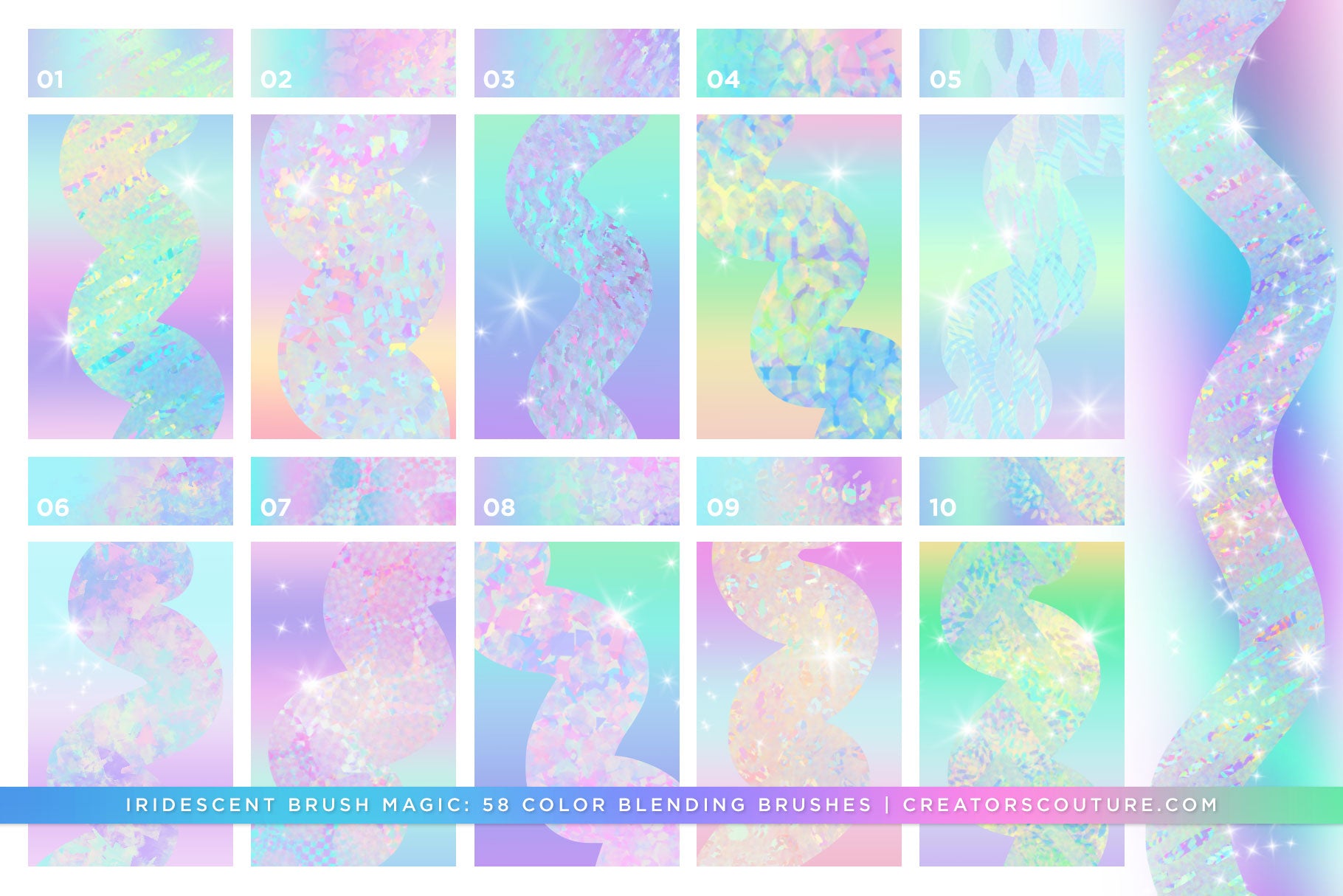 photoshop brushes for instant iridescent and holographic effects and brush strokes, brush preview chart 1
