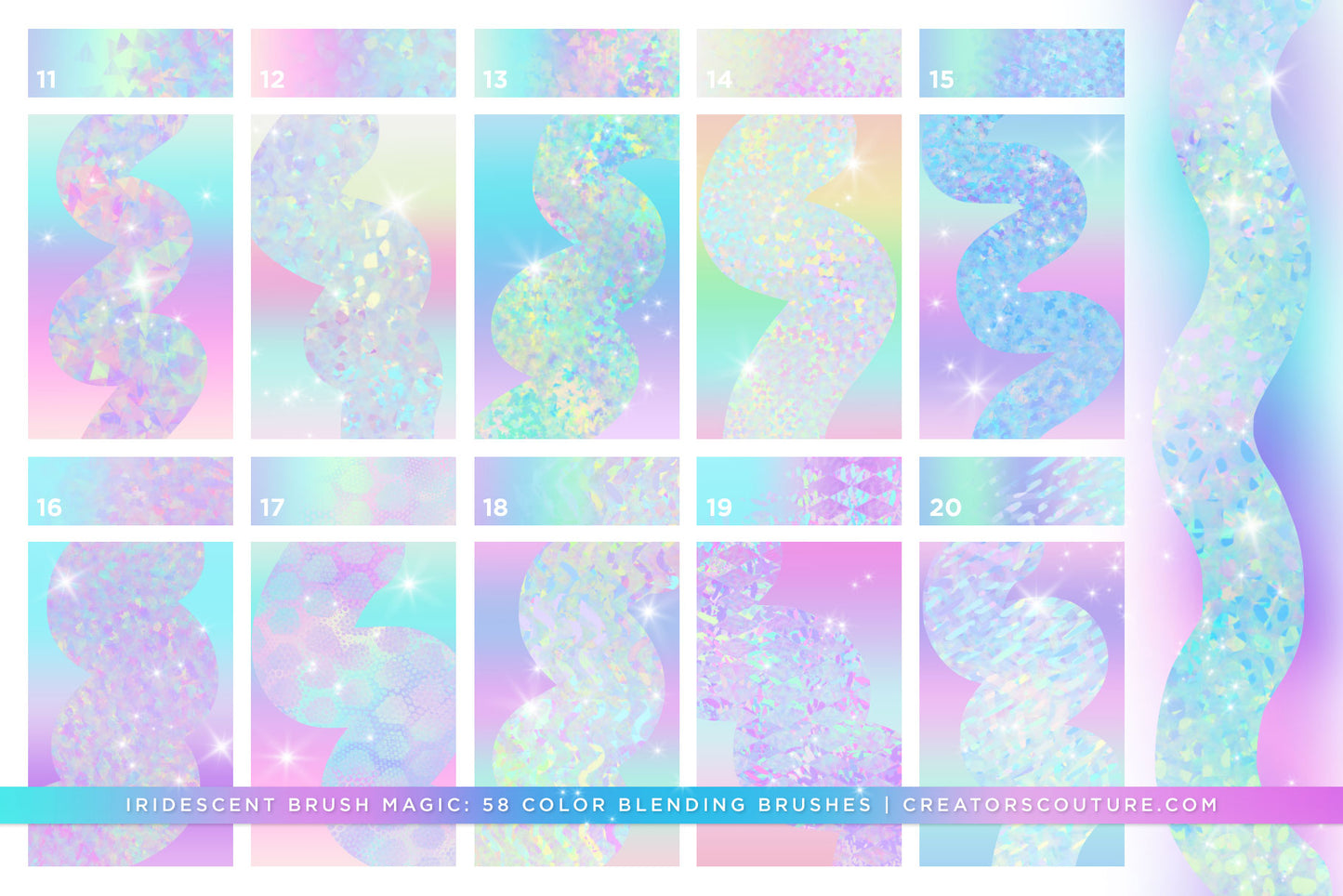 photoshop brushes for instant iridescent and holographic effects and brush strokes, brush preview chart 2