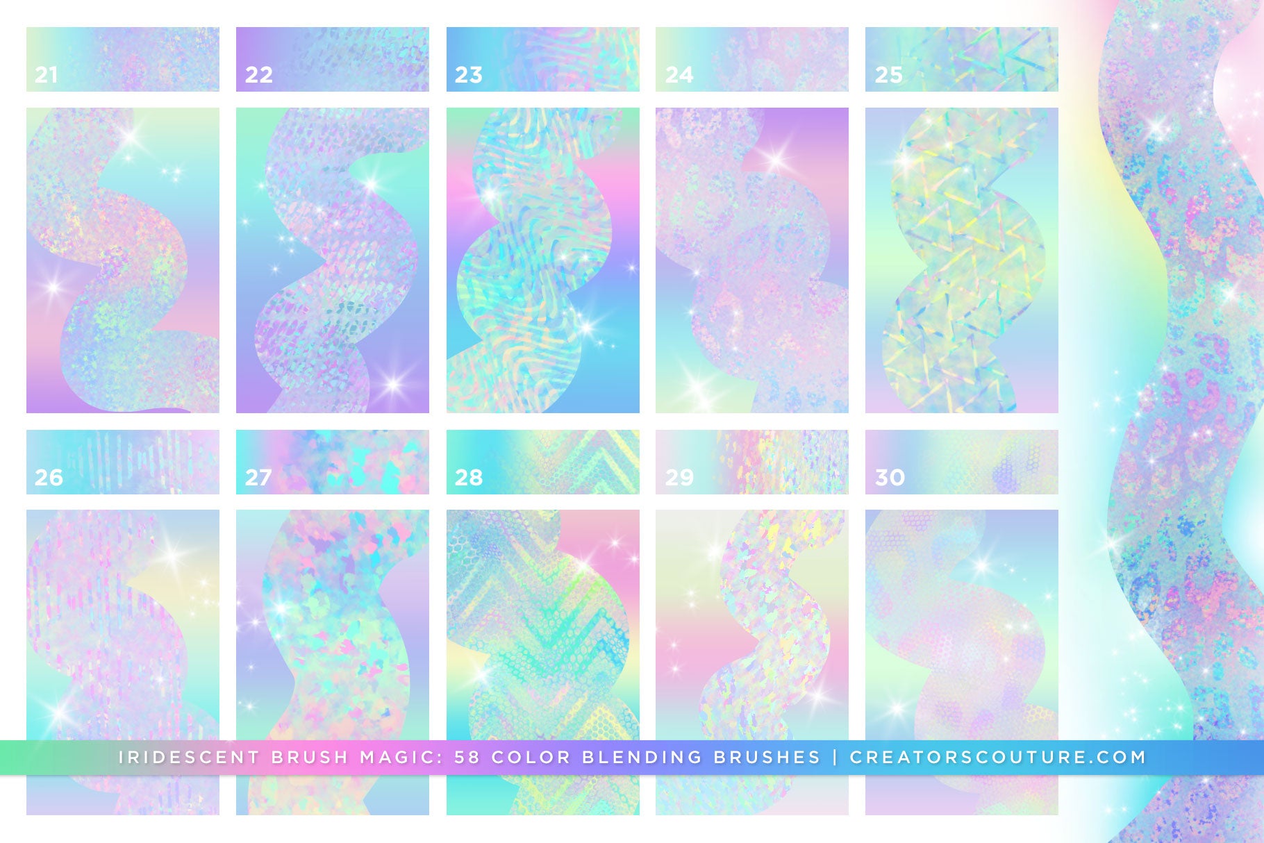 photoshop brushes for instant iridescent and holographic effects and brush strokes, brush preview chart 3