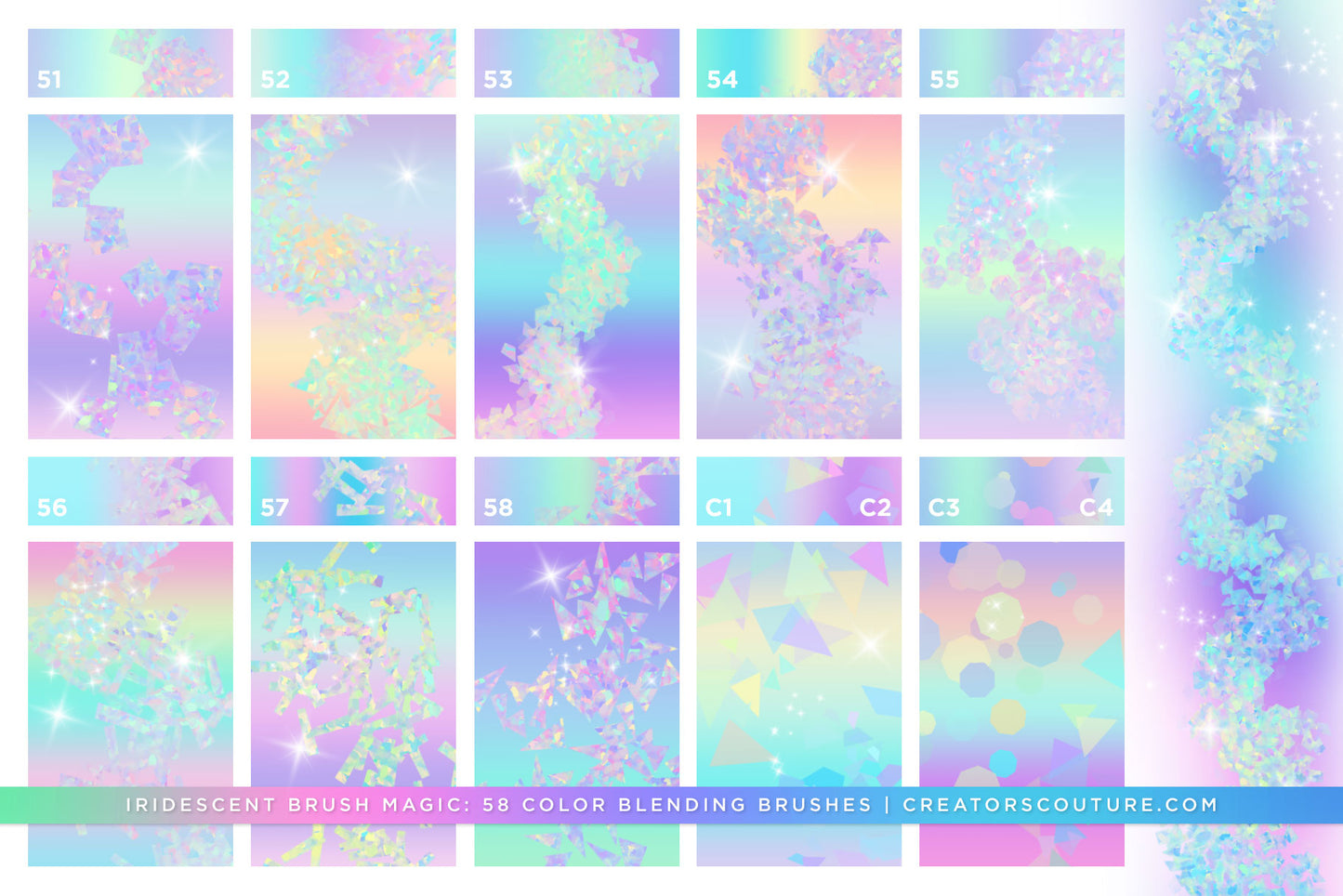 photoshop brushes for instant iridescent and holographic effects and brush strokes, brush preview chart 6