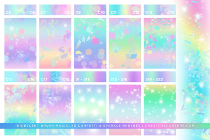 photoshop brushes for instant iridescent and holographic effects and brush strokes, brush preview chart 7, iridescent confetti and sparkles