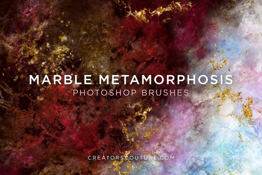 cover image for marble photoshop brushes showing a ruby marble background blending into a pastel and white marble background with luxurious gold accents